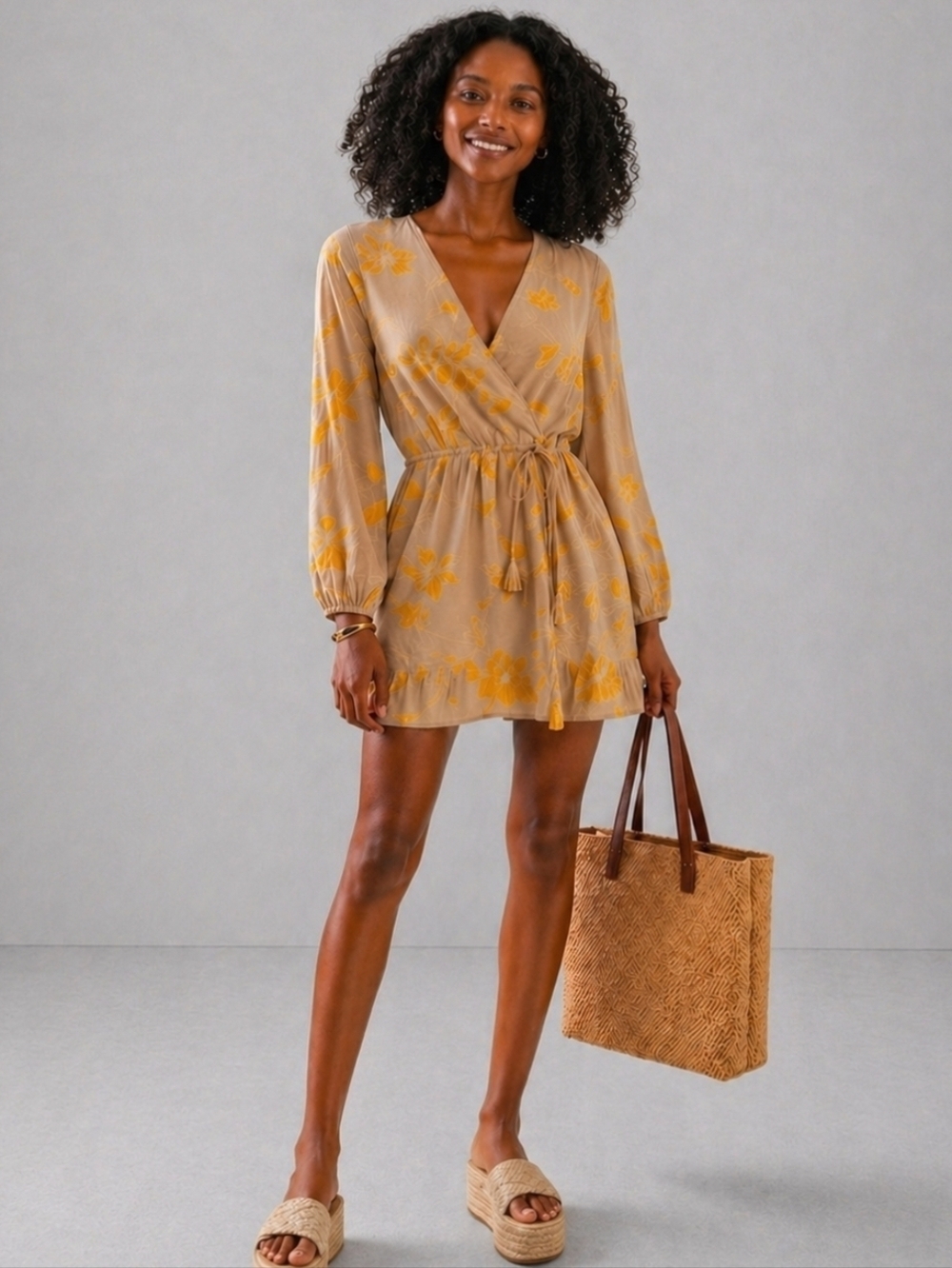 blue island Yellow And Beige Wrap Ruffled Dress with Yellow Floral Print XS New